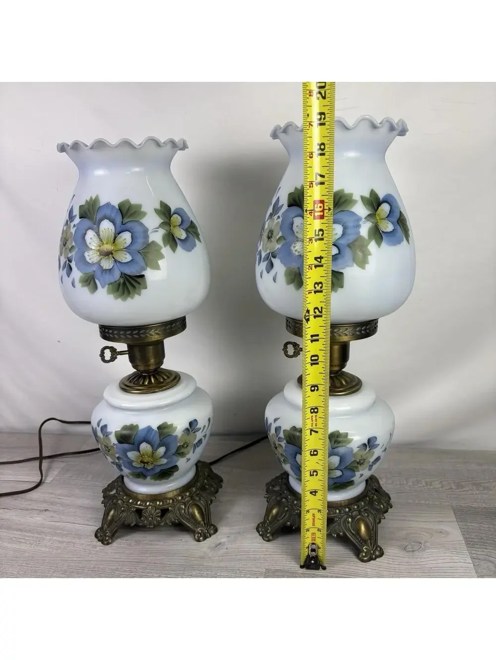 Vintage Pair of Blue Floral Milk Glass Table Lamps